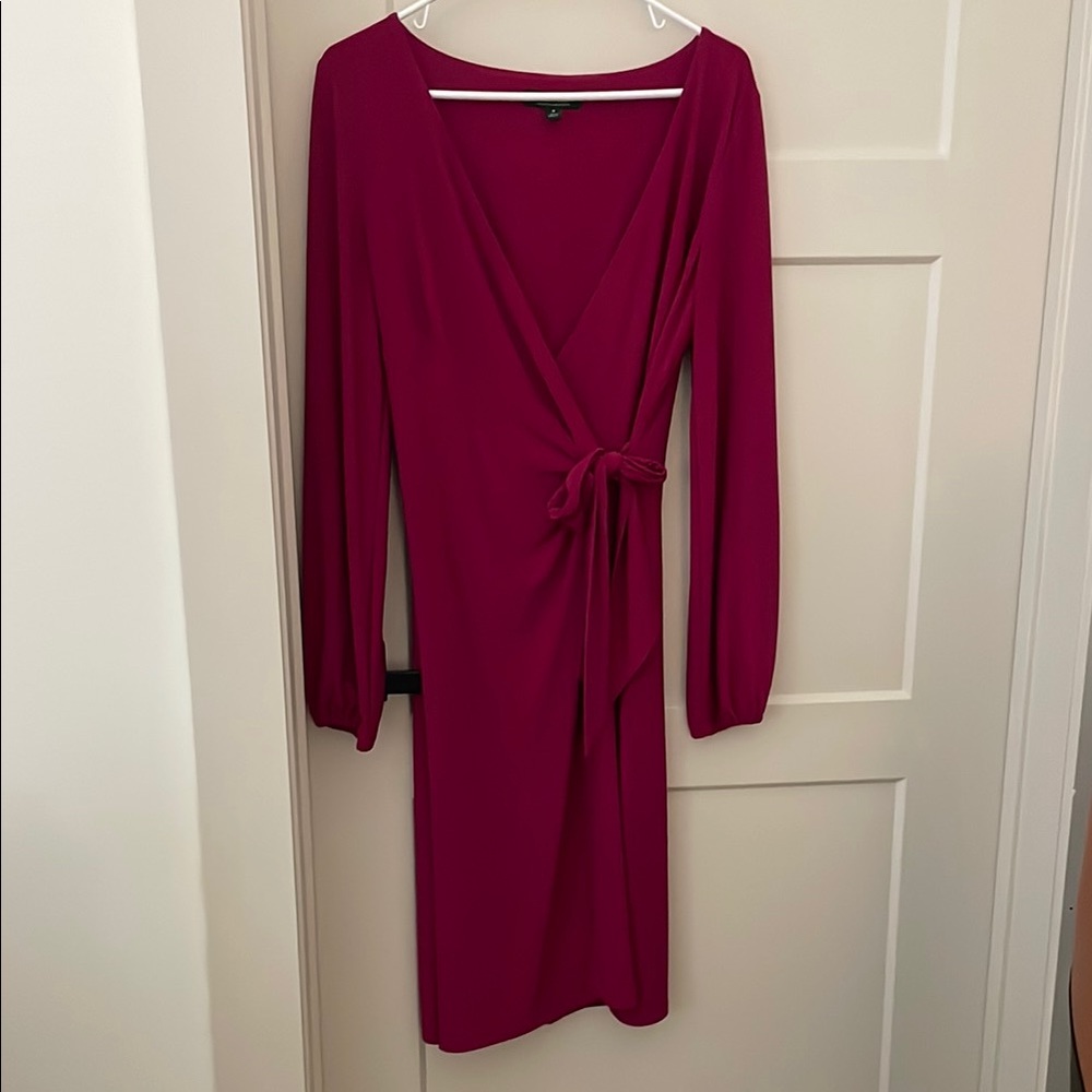 Ralph Lauren Red Sheath Dress with Bishop Sleeves and V-Neck